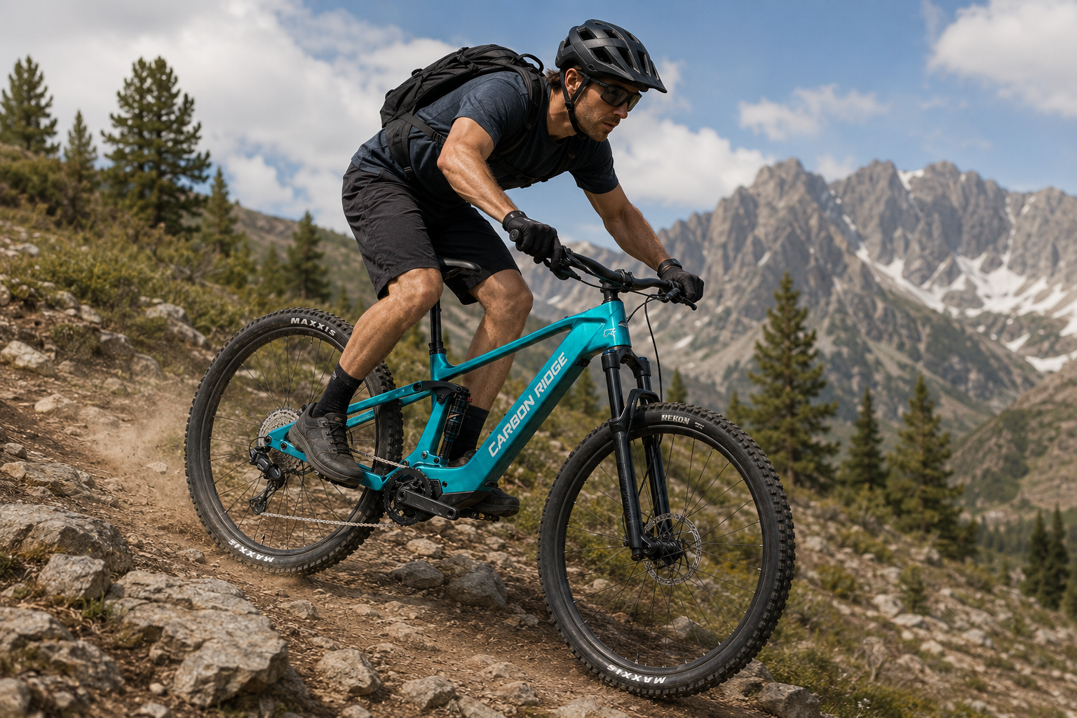 Rider descending on a turquoise Carbon Ridge RX2